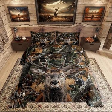 Imagem de Erosebridal Jogo de cama king size de veado, para crianças, meninos, meninas, cabana de fazenda, floresta, animal, camuflagem, decoração de quarto, quente, folhas rústicas, chifres de lobo, urso,