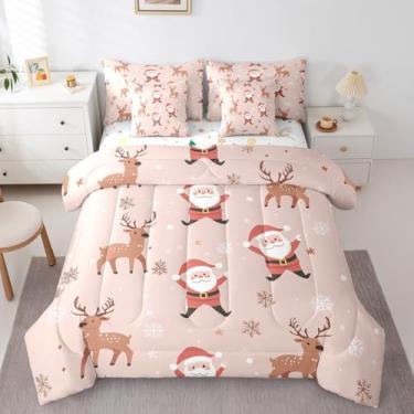 Imagem de Erosebridal Jogo de cama infantil fofo de Papai Noel, 7 peças, kawaii, Natal, Rena, rosa, Natal, inverno, floco de neve, conjunto de edredom completo para decoração de quarto de meninas, feliz ano