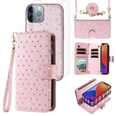 Imagem de Capa carteira compatível com iPhone 12 Pro Max 6,7 com zíper, protetor de tela para celular, alça transversal, flip com glitter, porta-cartões, capa para celular para iPhone12promax 5G i 12s iPhone12