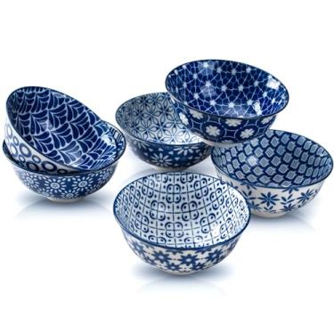 Imagem de AntoKueh Conjunto De 6 Tigelas Cerâmica Azul E Branca, Tigela Pequena Sobremesa 10 Oz, 4,7 Pol. Para Sorvete, Lanche, Molho Porcelana, Própria Micro-Ondas Forno