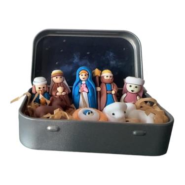 Imagem de IEUDNS Miniatura de Presépio de Natal em Caixa de Lata - Conjunto de Presépio em Miniatura para Decoração de Festas - Ideal para Mesa de Festas