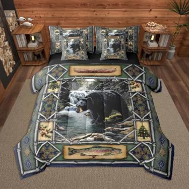 Imagem de Feelyou Conjunto de edredom de urso preto com lençol queen rústico, cabana rústica, 7 peças, para crianças, meninos, meninas, decoração de vida selvagem, cama em uma bolsa, macio e leve de microfibra