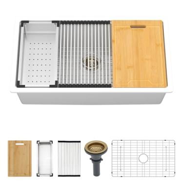 Imagem de Kichae Pia de cozinha subida branca 81 cm - 32 x 19 granito composto branco undermount pia de cozinha quartzo pias estação de trabalho