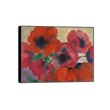 Imagem de BMZFYBS Pintura de arte de parede de flores - imagem de decoração vintage - flores vermelhas 2 - impressões em tela de moldura preta para sala de estar 50 x 65 cm 20 x 26 pol
