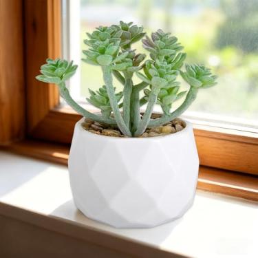 Imagem de Mini suculentas suculentas artificiais verde em vaso geométrico de diamante de Natal pequenas plantas falsas para decoração de casa e vegetação de mesa (verde)