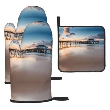 Imagem de Sunset Beach and Bridge – Conjunto de cozinha essencial com 3 peças, luvas resistentes ao calor e aderência da tampa, proteção para churrasco no forno, design de armazenamento suspenso.