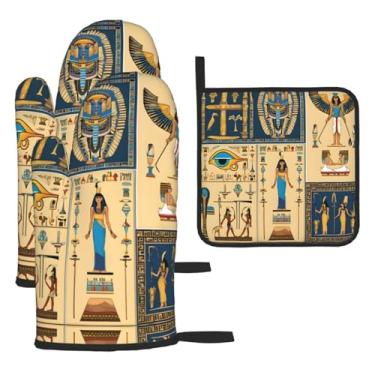 Imagem de Série Tribo do Egito Antigo – Conjunto de cozinha essencial com 3 peças, luvas seguras para calor e aderência de tampa, proteção para churrasco no forno, design de armazenamento suspenso.