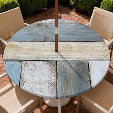 Imagem de Yesad Toalha de mesa redonda para uso ao ar livre com orifício para guarda-chuva, toalha de mesa com zíper e borda elástica, capa de toalha de mesa à prova d'água para festa de piquenique serve para