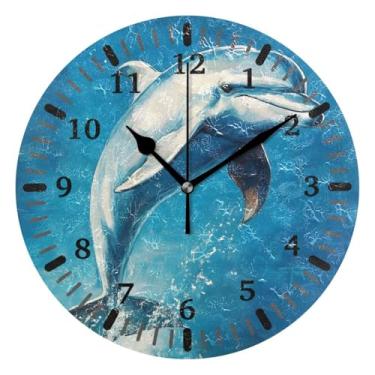 Imagem de CEBUGI Relógio de parede golfinho operado a bateria relógios redondos silenciosos sem tique-taque relógios de parede para cozinha, banheiro, quarto, escritório, decoração 25,4 cm