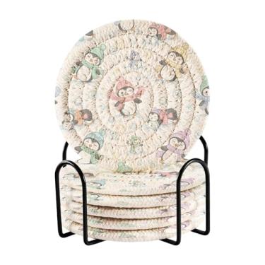 Imagem de GakkiGii Conjunto de 6 porta-copos redondos absorventes de pinguins nevados fofos com suporte, porta-copos de tecido para mesa de centro, bar, decoração de cozinha