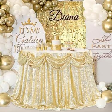 Imagem de B-COOL Toalha de mesa de lantejoulas redonda para decoração de festa: sobreposição de toalha de mesa dourada clara tecido brilhante de 332 cm para festas de cerimônia de aniversário