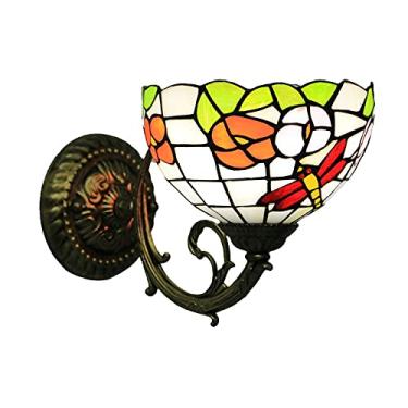 Imagem de Arandela de parede estilo Tiffany pastoral com vitral floral, luminária de parede retrô americana com espelho frontal para quarto, cabeceira, corredor e varanda, 20 cm, libélula