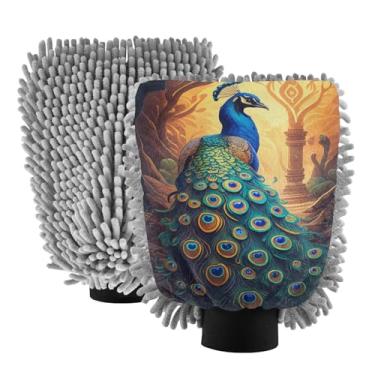 Imagem de STAYTOP Lindas luvas de pavão para lavagem de carro, 2 peças, luvas de microfibra de chenille, sem arranhões, panos de esponja de lavagem ultra absorventes para carros, limpeza doméstica - G