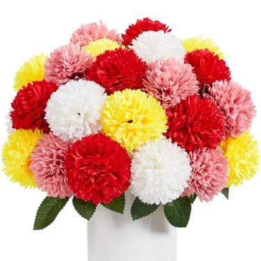 Imagem de SITUMEIZI 12 peças de flores artificiais de crisântemos coloridas, bolas de seda, para casamento, casa, cozinha, decoração, arranjo floral (rosa, vermelho, laranja, branco)