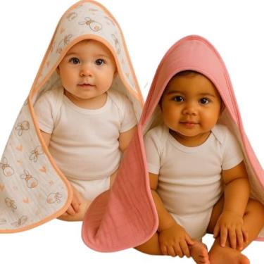 Imagem de Kit 2 Toalhas de Banho com Capuz para Bebê Tecido Fralda Soft Enxoval 100% Algodão Menino Menina (Menina Sortido)