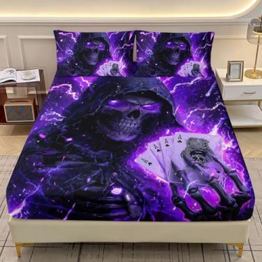 Imagem de AILONEN Jogo de cama completo de caveira gótica, 3 peças, esqueleto raio roxo, crânio de horror, ceifador, lençol com 2 fronhas para meninos, adolescentes e adultos