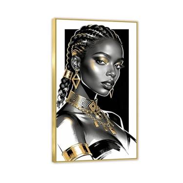 Imagem de SDYJ6GSW Arte de parede em tela feminina preta e dourada imagem de menina negra pintura afro-americana impressões de retrato arte abstrata para sala de estar quarto escritório decoração de parede 60 x