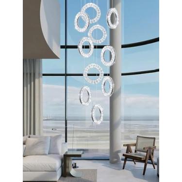 Imagem de Lustre moderno de cristal com 10 anéis, luminária pendente longa para escada, LED, para sala de estar, com controle remoto, luminária suspensa para hall de entrada com pé direito alto, anel