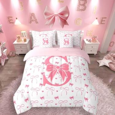 Imagem de Feelyou Conjunto de edredom com laço de monograma, 7 peças, solteiro, rosa coquete, letra P, para crianças, meninos, meninas, rosa, decoração de quarto, microfibra leve e macia