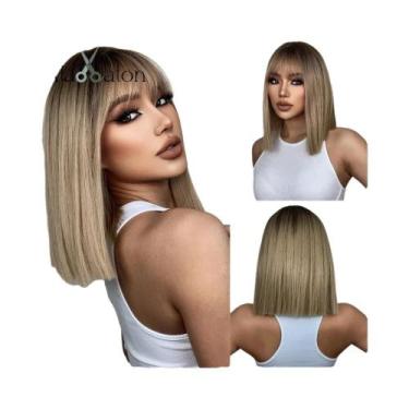 Imagem de Peruca Sintética Curta Lisa Loira Com Franja Em Camadas Natural Para U