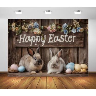 Imagem de Pano de fundo de fotografia de páscoa feliz coelhinhos flores desabrochando ovos coloridos vintage fundo de parede de madeira tema de páscoa decorações de festa banner chá de bebê adereços de estúdio