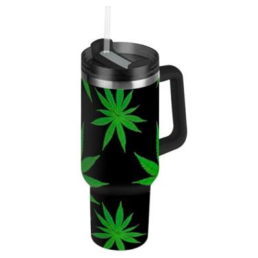 Imagem de Copos com tampa e canudos verde folhas de cannabis preto 850 g copo com alça cores garrafa de água isolada garrafa de água de aço inoxidável para copo de carro