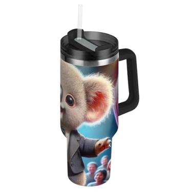 Imagem de Copos de aço inoxidável com tampa e canudo Dapper Koala Smoking Copos de café quente para carro copo à prova de derramamento com alça Garrafas de água isoladas de 1,134 g