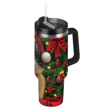 Imagem de Joisal Chapéu de Papai Noel, preto, branco, gato, cachorro, copos de Natal com tampas e canudos, copo moderno de 850 g com alça, garrafa de água, copo de aço inoxidável isolado para quente e frio
