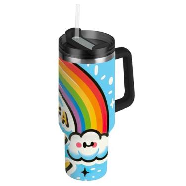 Imagem de Copos com tampas e canudo LGBT Rainbow Have a Gay Day 850.5 g Tumbler com alça garrafas de água com isolamento térmico copo de aço inoxidável para quente e frio