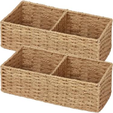 Imagem de Vagusicc Conjunto de 2 cestas de armazenamento de vime para prateleiras, cestas para organização, cesta de papel higiênico para regata de vaso sanitário, 2 seções, natural