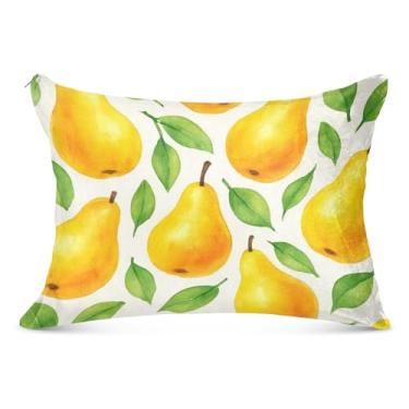 Imagem de Capas de travesseiro decorativas de flanela com peras amarelas e folhas verdes King Queen tamanho padrão cama moderna presentes de vida saudável, tamanho Queen, 50,8 cm x 76,2 cm