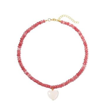Imagem de zocare Colar de contas de rubi rosa feito à mão com pingente de coração de quartzo rosa, fecho banhado a ouro, joia estilo praia
