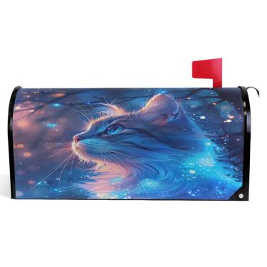 Imagem de TSENQUE Capas de caixa de correio de outono magnéticas sazonais outono caixa de correio vinil fazenda decoração exterior dia chuvoso gato azul tamanho padrão 52,6 x 45,8 cm