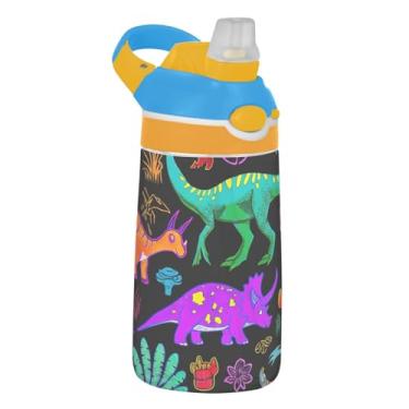Imagem de Garrafa de água preta colorida com estampa de dinossauro para crianças com canudo 473 ml 473 ml Garrafa de água esportiva Tritan portátil à prova de vazamento, copo infantil, reutilizável, alça de