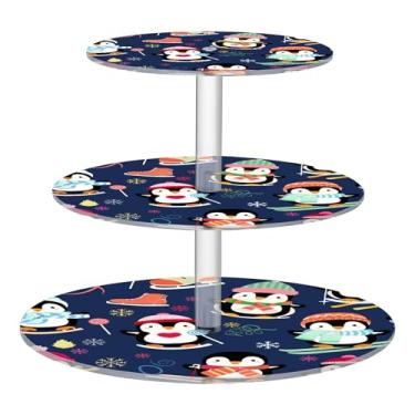 Imagem de Linda estampa de pinguins azul inverno 3 camadas suporte para cupcake chá festa acrílico copo bolo torre suprimentos mesa sobremesa suporte decoração chá de bebê