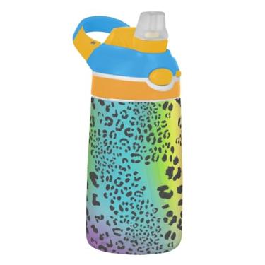 Imagem de Garrafa de água esportiva infantil pastel de leopardo colorido arco-íris para escola, 473 ml, 473 ml, garrafa de água Tritan com canudo, copos de viagem portáteis para crianças à prova de vazamento