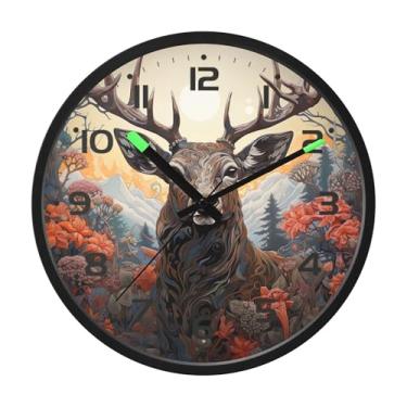 Imagem de SEHANY Relógio de parede artístico com retrato de veado, silencioso, sem tique-taque, relógio redondo operado por bateria, controle de som, luz noturna, relógios de parede para sala de estar, cozinha