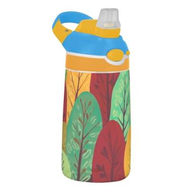 Imagem de Garrafa de água esportiva infantil Tritan de 473 ml com tampa de canudo garrafa de água à prova de vazamento para escola reutilizável copo infantil de 473 ml, alça de transporte, folha de outono