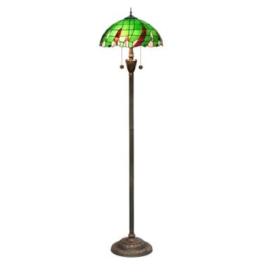 Imagem de Luminária de chão para casa, estilo Tiffany com vitral, 2 lâmpadas, 40x40x162 cm, estilo vitoriano antigo, industrial, com base em resina bronze, cor verde.