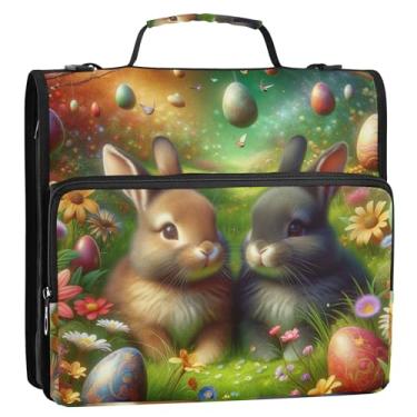 Imagem de Fichários de 3 cm, 3 anéis, coelhos fofos, coloridos, para jardim de Páscoa, com zíper, bolsa escolar com alça de ombro, pasta de armazenamento profissional com alça