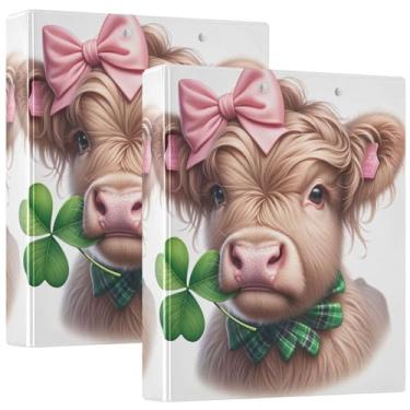 Imagem de Fichários de 3 anéis personalizados de trevo de vaca Highland Highland com 3 argolas para 200 folhas, portfólio de impressão, fichário de anel redondo fofo, 31,5 x 27 x 6 cm, pacote com 2