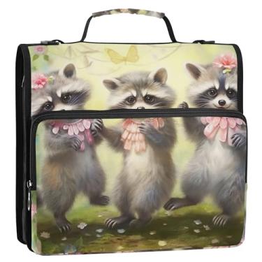 Imagem de Lindo organizador de fichário de flores de guaxinins com zíper de 3,8 cm, 3 anéis, bolsa escolar com alça de ombro, vários bolsos, pasta grande para portfólio