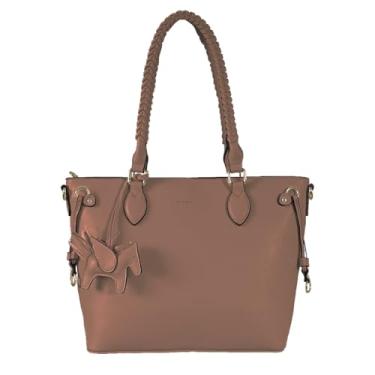 Imagem de Bolsa de Mão Feminina em Couro Sintético, Alça Trançada, Cor Bege, com Pingente Decorativo (Marrom)