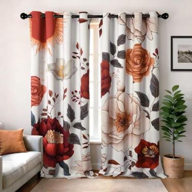 Imagem de XWZO Boho Cortinas florais blackout para quarto, cortinas vintage com estampa botânica de meados do século, cortina preta, 2 painéis de comprimento 2 painéis para sala de estar, ilhós, decoração