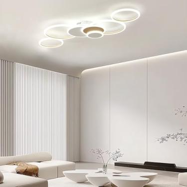 Imagem de Luminária de teto LED 110w, moderna e redonda, 3000-6000k, dimerizável com controle remoto, em acrílico, para sala de estar, cozinha, quarto e escritório (branco + dourado)