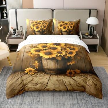 Imagem de Manfei Conjunto de capa de edredom de algodão girassol, solteiro, rústico, casa de fazenda, colcha de cama de madeira vintage, capa de edredom amarela com 1 fronha (sem edredom)