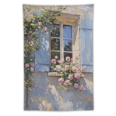 Imagem de Tapeçaria de janela de casa de campo francesa persianas azuis rosas rosas exuberantes estilo pintura a óleo parede rústica decoração de casa para quarto sala de estar ambiente encantador tapeçaria 102
