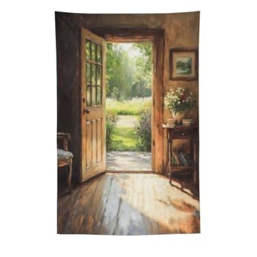 Imagem de Tapeçaria de porta aberta com vista de jardim, piso iluminado, móveis de madeira, estante de livros, cena, pintura a óleo, decoração de parede, aconchegante, decoração de casa, para sala de estar
