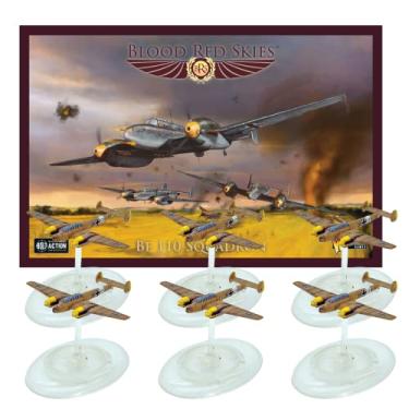 Imagem de Wargames Delivered - Blood Red Skies, Bf 110 Squadron - miniaturas de 28 mm, 6 modelos de aeronaves, 6 bases, cartas de aeronaves, cartas de traços, folha de decalque, pacote digital – kits de modelos de avião da Warlord Games