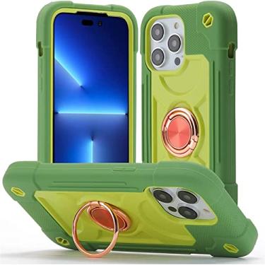Imagem de KAPPDE Capa para iPhone 14/14 Plus/14 Pro/14 Pro Max, capa protetora anticolisão antiqueda de quatro cantos, com suporte de anel, capa de celular multicolorida fresca e elegante (cor: verde escuro